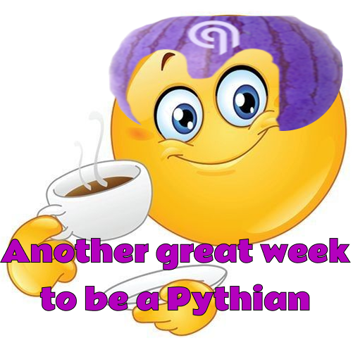 A cartoon smiley face wearing a purple knit hat and holding a steaming cup of coffee, with the text 'Another great week to be a Pythian' displayed below.