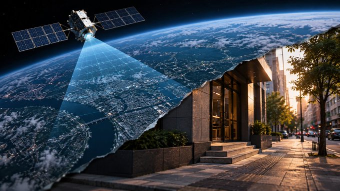 A composite image showing a satellite beaming signals down to Earth on the left, transitioning into a modern city building at sunset on the right.
