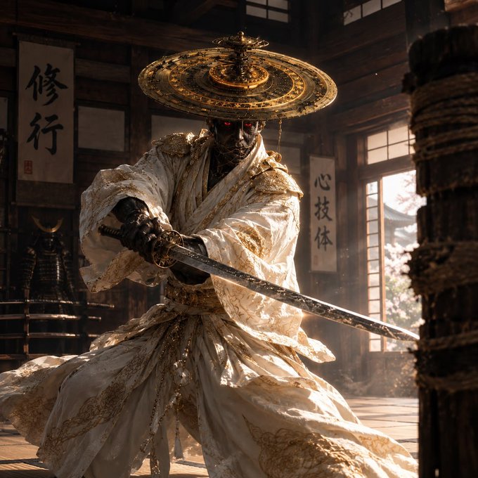 A figure in elaborate white and gold robes and a wide ornate hat wields a katana in a traditional Japanese-style room with calligraphy scrolls on the walls.