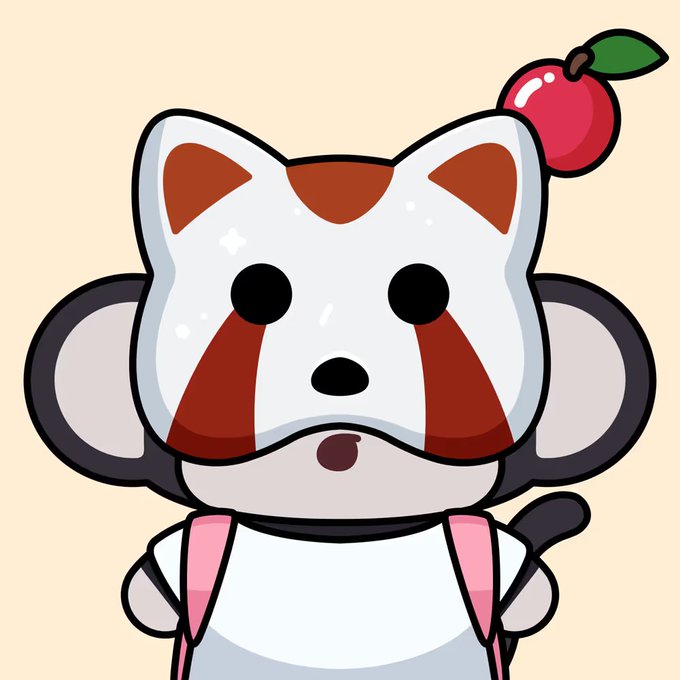 A digital illustration of a cute, stylized raccoon-like character with red markings, wearing a pink harness and a red apple on its head.
