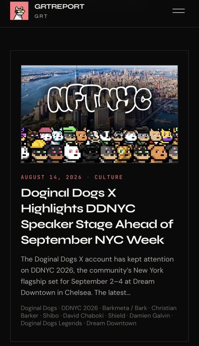 A screenshot from GRTREPORT featuring an article titled 'Doginal Dogs X Highlights DDNYC Speaker Stage Ahead of September NYC Week,' dated August 14, 2026, with pixelated dog character art overlaid on a New York City skyline and 'NFTNYC' text.