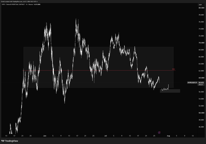 A TradingView chart of the $HYPE/USDT.P perpetual pair on Binance shows the price consolidating within a sideways range around 57-58, well below the highlighted POC (Point of Control) level near 62.50, supporting the trader's plan to look for a long entry at these lower levels.
