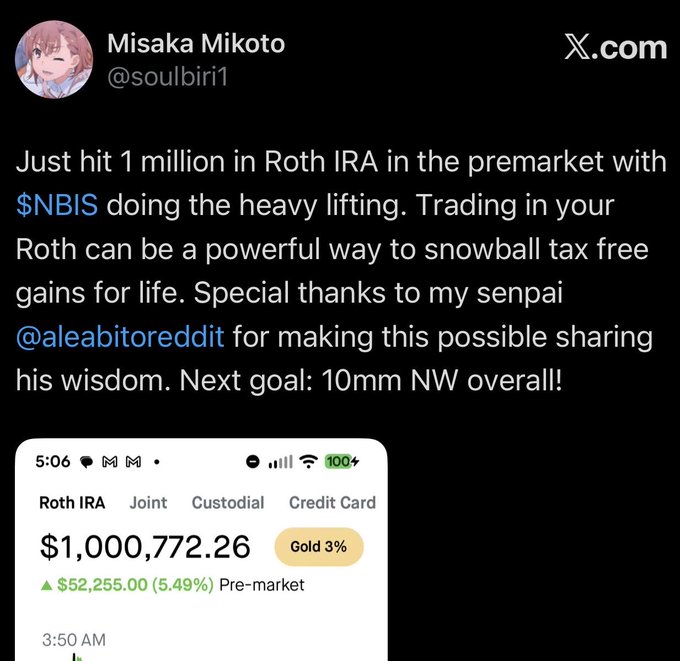 The image shows a post by a person named Misha Mikoto which has been shared with their followers. The post includes an image of a stock market quote for Nintendo, which is worth $100B MC. Additionally, there are text elements on the post that express gratitude and offer support towards a fellow user.