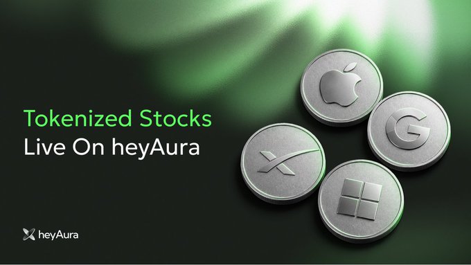 The image shows a promotional graphic for heyAura featuring silver coins representing tokenized stocks (Apple, Google, Microsoft, and XRP) with text reading "Tokenized Stocks Live On heyAura," visually aligning with the announcement of new onchain stock trading capabilities on the platform.