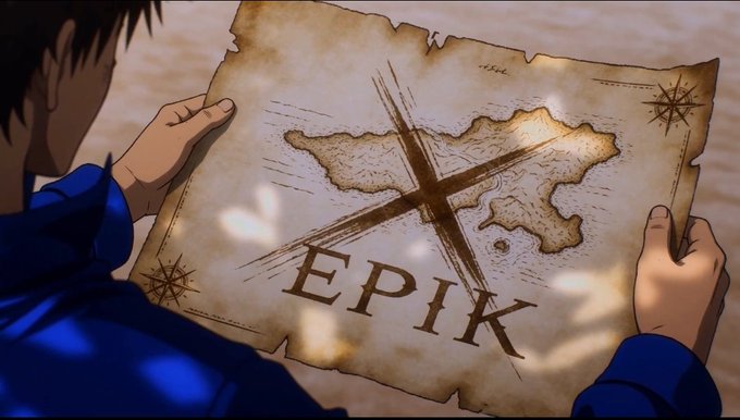 An anime-style illustration shows a character holding an aged parchment map with an "X" marked over an island, with the word "EPIK" written across it.