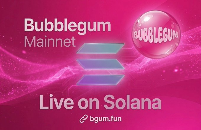 Promotional graphic with a pink background announcing "Bubblegum Mainnet Live on Solana," featuring the Bubblegum bubble logo and Solana's logo alongside the URL bgum.fun. The image reinforces the post's announcement of Bubblegum launching on the Solana blockchain, positioning the platform within Solana's ecosystem for prediction token launches.