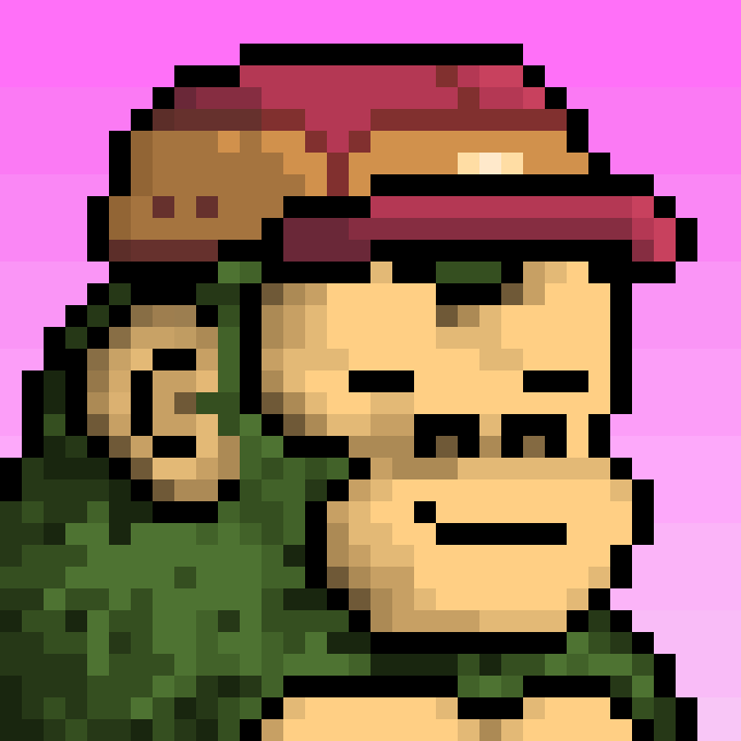 A pixel-art portrait depicts a green ape wearing a red and brown cap against a pink background, shown smoking a cigar in a relaxed pose. The image relates to the post as it likely represents a generative NFT collection (such as "EVO") that the author collects to support creators and communities in the Web3 space.