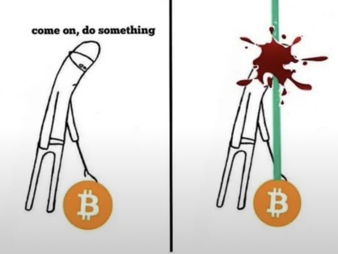 A two-panel meme showing a stick figure with a Bitcoin logo, captioned 'come on, do something,' with the second panel showing the figure seemingly getting crushed by a green bar.