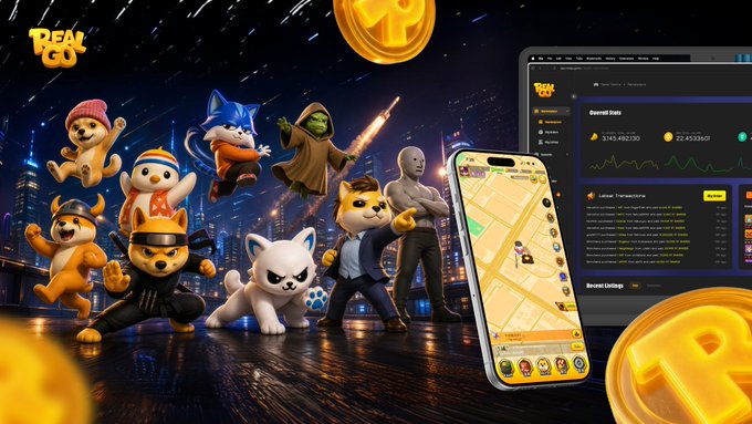 The image features a group of cartoon characters, including a cat, dog, and bird, standing together with their arms around each other. They are surrounded by various objects such as coins and a cell phone displaying information about the app. The text on the image reads "RealGo' s product and data growth didn't just happen overnight. It is the direct result of our team and community's relentless focus on continuous building. Early 2025 | RealGo App 1.0 officially hit the App Store and Google Play".