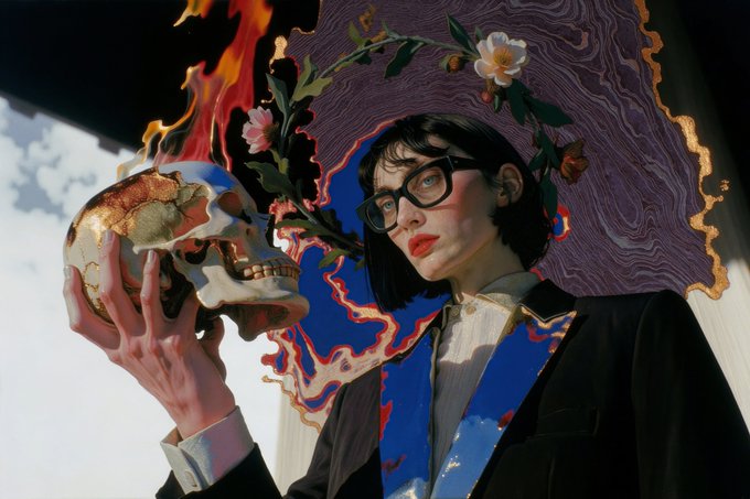 A young woman with glasses, wearing a blazer and adorned with flowers in her hair, holds a burning, partially gold-leafed skull, set against a surreal backdrop of swirling purple and red shapes. The image complements the post's expression of gratitude, "THANK YOU THANK YOU THANK YOU," by evoking themes of transformation, rebirth, or sacrifice through its striking, symbolic imagery.