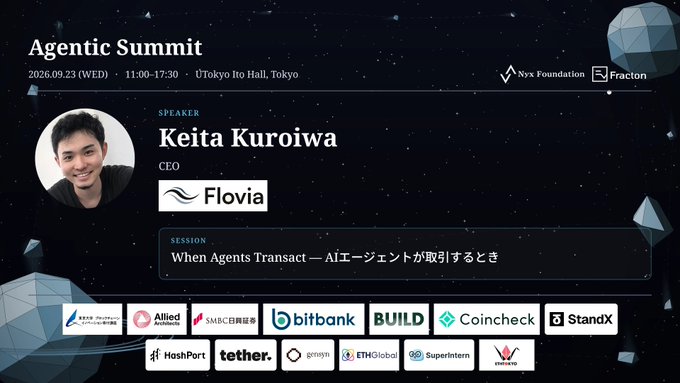 A speaker introduction slide for Keita Kuroiwa, CEO of Flovia, presenting 'When Agents Transact — AIエージェントが取引するとき' at the Agentic Summit on 2026.09.23 in Tokyo, with sponsors like bitbank, Coincheck, and StandX.