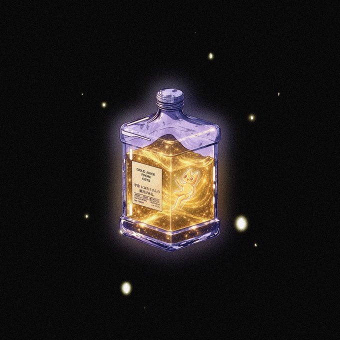 A glowing bottle labeled "GOLD JUICE TREATS" with "CETS" branding floats against a dark, starry background, with the golden liquid inside radiating a warm, magical luminescence—visually reinforcing the post's confident endorsement of the $CETS crypto token as a hidden "liquid gold" gem.