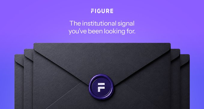 A black envelope sealed with a purple "F" wax stamp sits against a purple background, with the word "FIGURE" and the tagline "The institutional signal you've been looking for." displayed above it—visually reinforcing the upcoming Figure Digital Assets newsletter as a delivered monthly insight in the digital assets space.