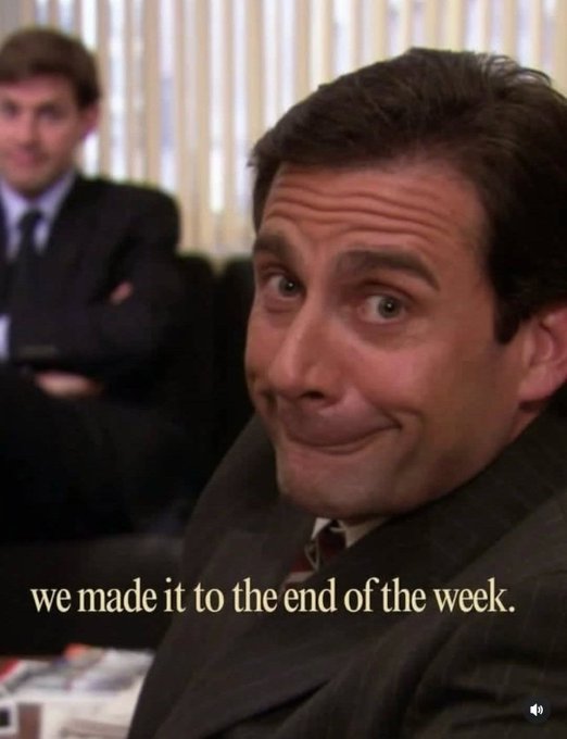 A smiling man in a business suit at an office with the caption "we made it to the end of the week" paired with a post saying "GM!" — perfectly capturing that Friday morning "Good Morning, we made it through another work week" sentiment.