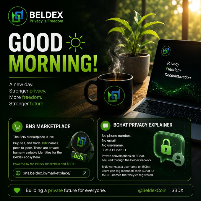 A Beldex promotional graphic features a coffee mug and laptop with the 'GOOD MORNING!' message, highlighting 'BNS MARKETPLACE' and 'BCHAT PRIVACY EXPLAINER' features.