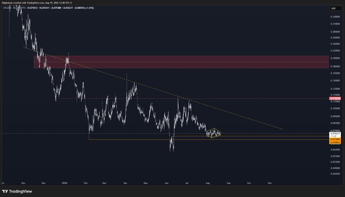 A TradingView chart of DigiByte (DGBUSD) against TetherUS on Coinbase shows a downtrend with resistance zones marked in red, dated August 19, 2025.