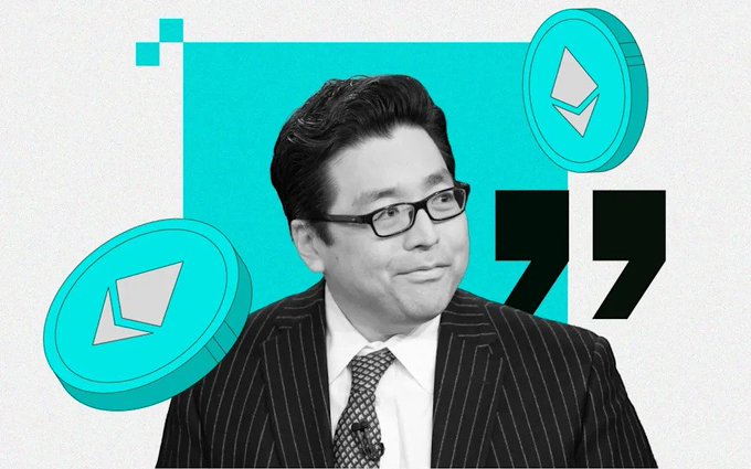 A black-and-white photo of a smiling man in glasses and a pinstripe suit, overlaid with teal Ethereum coin graphics and large quotation marks on a turquoise background.