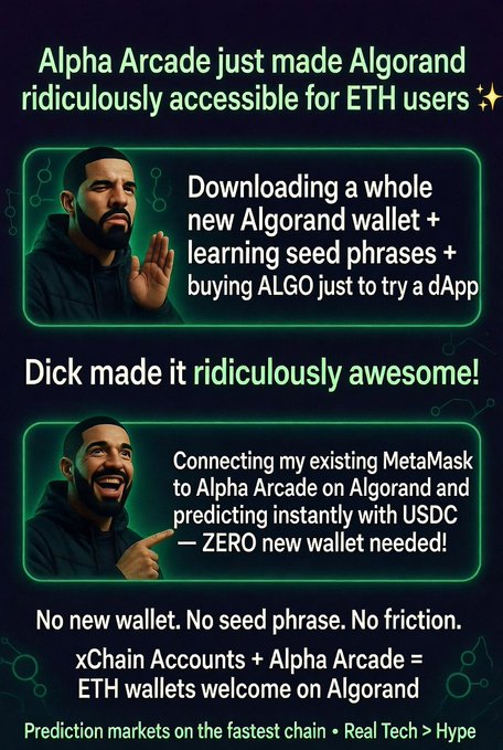 A promotional graphic featuring Drake meme faces explaining how Alpha Arcade makes Algorand accessible for ETH users, with text about xChain Accounts and MetaMask integration: 'No new wallet. No seed phrase. No friction.'