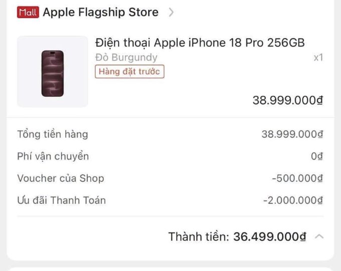 A screenshot of an online order from Apple Flagship Store for an 'Điện thoại Apple iPhone 18 Pro 256GB Đỏ Burgundy' (Burgundy Red iPhone 18 Pro) priced at 38.999.000₫, with a final total of 'Thành tiền: 36.499.000₫' after vouchers and payment discounts.