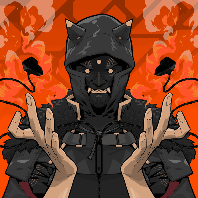 A stylized digital illustration shows a menacing horned figure in a black mask and tactical gear with hands raised, set against a fiery orange background.