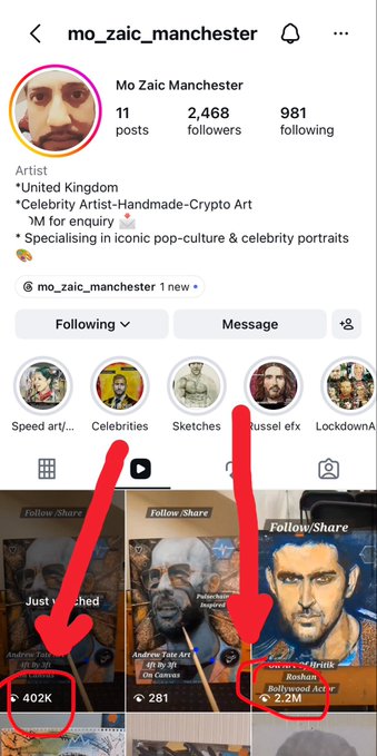 An Instagram profile screenshot for 'mo_zaic_manchester' (@mo_zaic_manchester), describing themselves as a UK-based artist specializing in iconic pop-culture and celebrity portraits, with highlighted posts showing 402K and 2.2M views on celebrity portrait artworks.