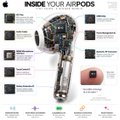 An infographic titled 'INSIDE YOUR AIRPODS' displays the internal components of AirPods with labeled diagrams against a black background.