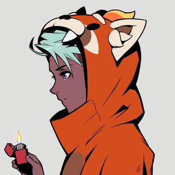 An animated character with teal hair and a red animal-themed hooded outfit holds a red lighter with a small flame.