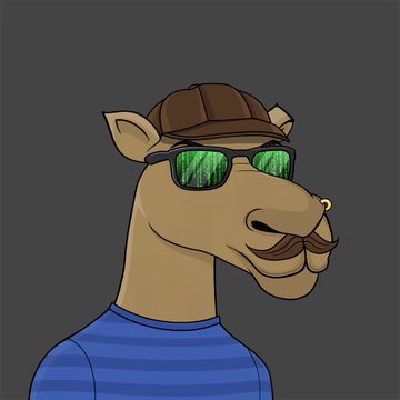 A digital illustration of a camel wearing a brown cap, green reflective sunglasses, and a blue striped shirt against a gray background.