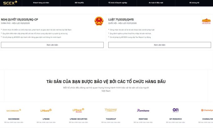 A webpage from SCCX displaying Vietnamese legal documents 'NGHỊ QUYẾT 05/2025/NQ-CP' and 'LUẬT 71/2025/QH15' with download buttons, along with a row of partner logos including Sacombank, LPBank, ThaiGroup, Remitano, and GFI Research.