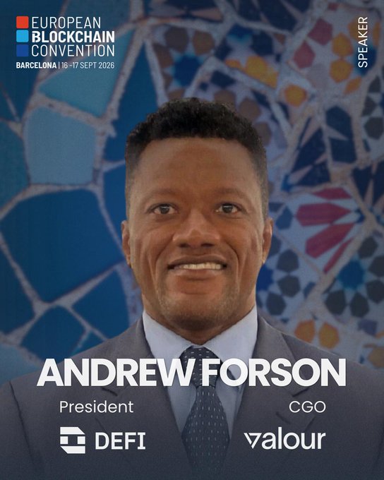 A promotional speaker graphic for the 'European Blockchain Convention' in Barcelona (16-17 Sept 2026), featuring a headshot of Andrew Forson, President and CGO, with logos for DeFi and Valour displayed below.