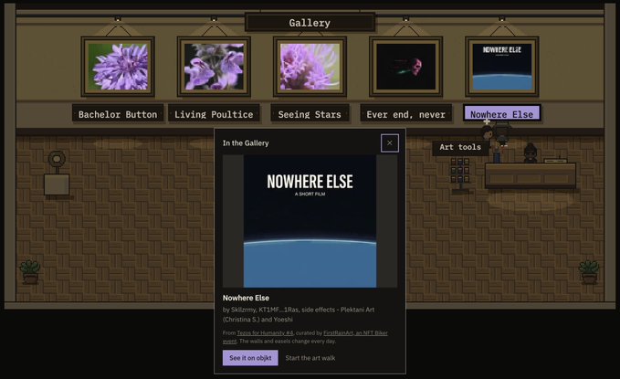 A screenshot of a pixel art gallery scene titled 'Gallery' displays framed artworks labeled 'Bachelor Button', 'Living Poultice', 'Seeing Stars', 'Ever end, never', and 'Nowhere Else', with a popup window showing details for 'Nowhere Else - A SHORT FILM' by Skizzmy, K11MF, 1Ras, side effects, Pinkstarr Art, Christina S, and Yoephi.
