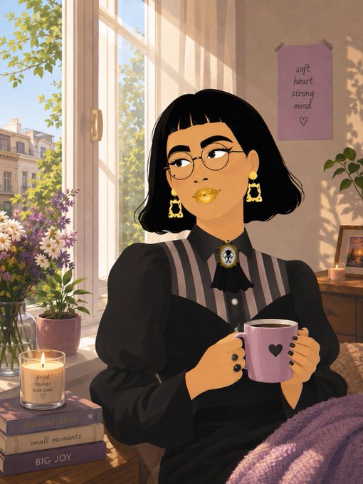 A stylized digital illustration of a woman with short black hair, glasses, and gold lipstick holding a purple mug, with a wall poster reading 'soft heart strong mind' and stacked books labeled 'SUNDAY SOUL', 'small moments', and 'BIG JOY'.