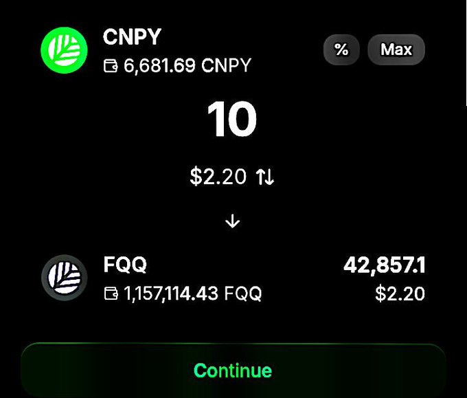 A cryptocurrency swap screen showing an exchange from FQQ to CNPY, converting 42,857.1 FQQ ($2.20) to 10 CNPY, with a balance of 6,681.69 CNPY.