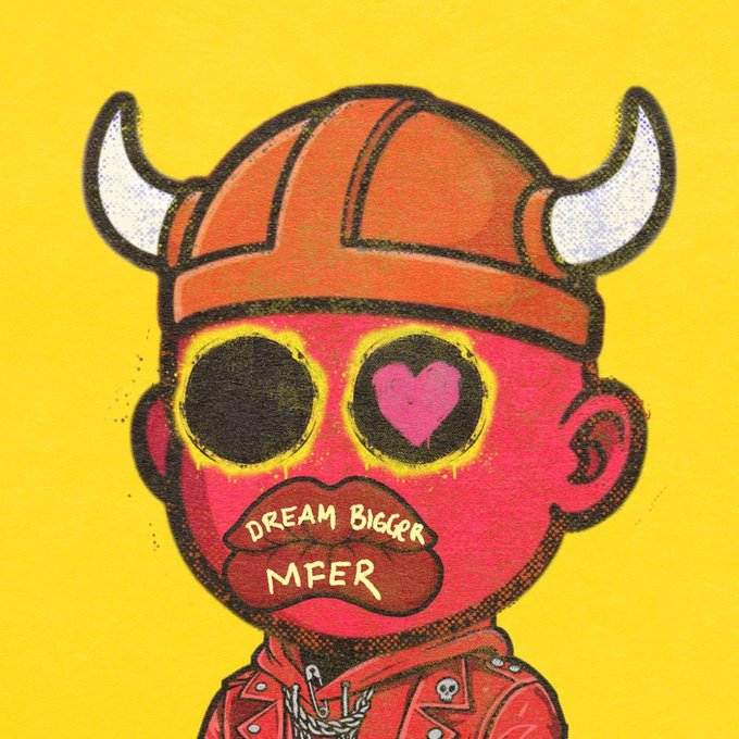 A stylized illustration of a pink character wearing a horned helmet and a leather jacket, with heart-shaped eyes and lips reading 'DREAM BIGGRR MFER' against a bright yellow background.