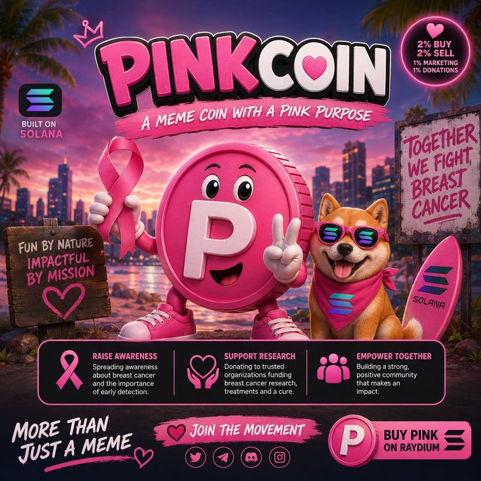 Pink-themed meme coin promotional graphic for 'PINKCOIN' - a meme coin on Solana supporting breast cancer research, featuring a pink coin mascot with 'P' and a Shiba Inu dog with pink bandana.