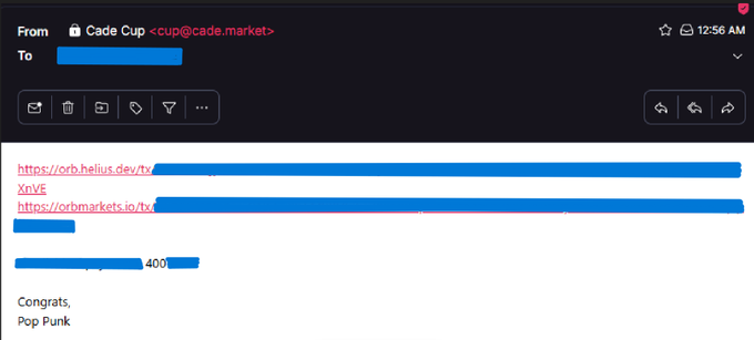 An email from Cade Cup <cup@cade.market> containing crypto token-related links (orb.helius.dev, orbmarkets.io) and a congratulatory message ending with 'Pop Punk'.