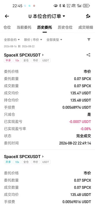 A Chinese-language trading app screenshot showing historical orders for the SpaceX SPCXUSDT pair, with detailed entry/exit prices, quantities (0.07 SPCX), fees in USDT, and a small realized profit/loss.