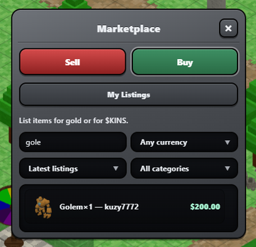 A Marketplace interface displays a "Buy" tab with filters for "gole" and "Any currency," showing a single listing for "Golem×1 — kuzy1772" priced at $200.00, matching the post's mention of the rare Golem pet from PlayKintara being listed for that exact price.