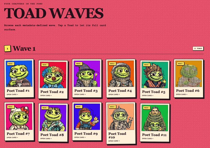 A digital collection interface titled 'TOAD WAVES' displays 11 cartoon frog characters labeled 'Poet Toad #1' through 'Poet Toad #10', with instructional text 'Browse each metadata-defined wave. Tap a Toad to let its full card surface.' and 'Wave 1' highlighted.