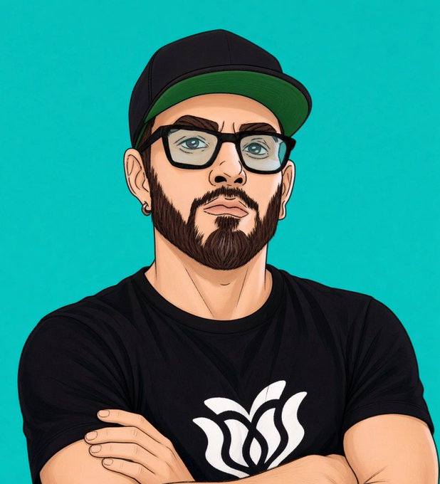 A cartoon-style portrait of a bearded man wearing glasses, a black and green cap, and a black t-shirt with a white logo, arms crossed against a teal background.