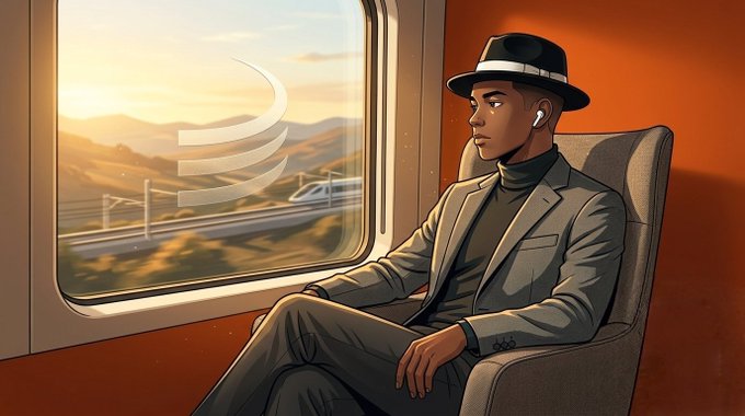 A stylized illustration of a man wearing a black hat and gray suit sitting by a train window. He has an earbud in, and a high-speed train can be seen passing through a sunset landscape outside.