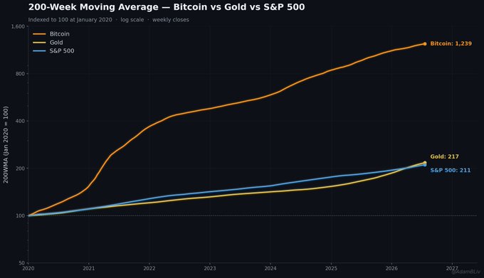 A line chart titled "200-Week Moving Average — Bitcoin vs Gold vs S&P 500" showing Bitcoin at 1,239, Gold at 217, and S&P 500 at 211, indexed to 100 at January 2020 on a log scale.
