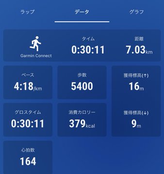 The image shows a blue screen with various data displayed, including information about a person's running progress over time. The screen has a clock showing the current time as 4:30 PM and displays the distance covered by the runner at 0.31 km/h for the past hour. There are also calorie counts for each step taken during this run. The post is titled "おけんごんじめん" in Japanese, which translates to "Step by Step".
