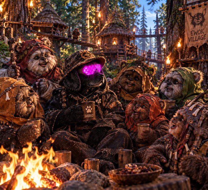 A group of furry, teddy-bear-like creatures gathered around a campfire in a forest village; one creature holds a mug labeled 'DARKO', and a sign in the background reads 'EWOK VILLAGE'.