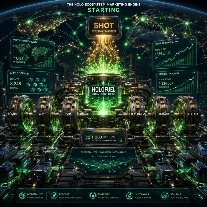 A promotional infographic titled "THE HOLO ECOSYSTEM MARKETING ENGINE STARTING" showcasing the "$HOT" token and "HOLOFUEL" mutual credit engine, with stats like 23,458 active hosts and 12,985,133 units of total flow, emphasizing decentralized and sovereign features.
