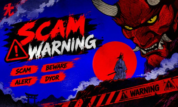 A graphic illustration with a red demon, a samurai, and large text reading 'SCAM WARNING', 'BEWARE', 'ALERT', and 'DYOR'.