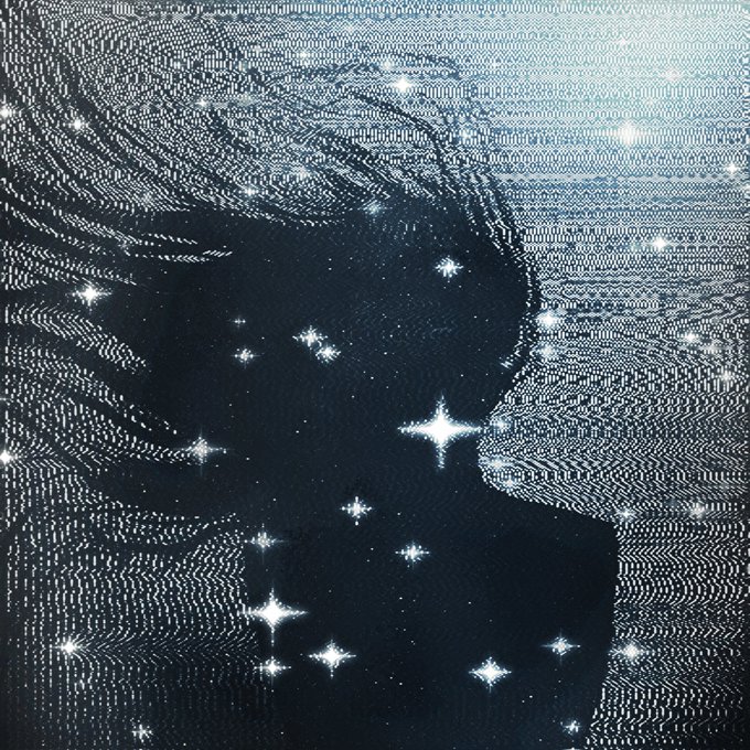 A dark, textured illustration depicts a silhouette of a person with long flowing hair surrounded by bright, sparkling stars against a patterned sky.