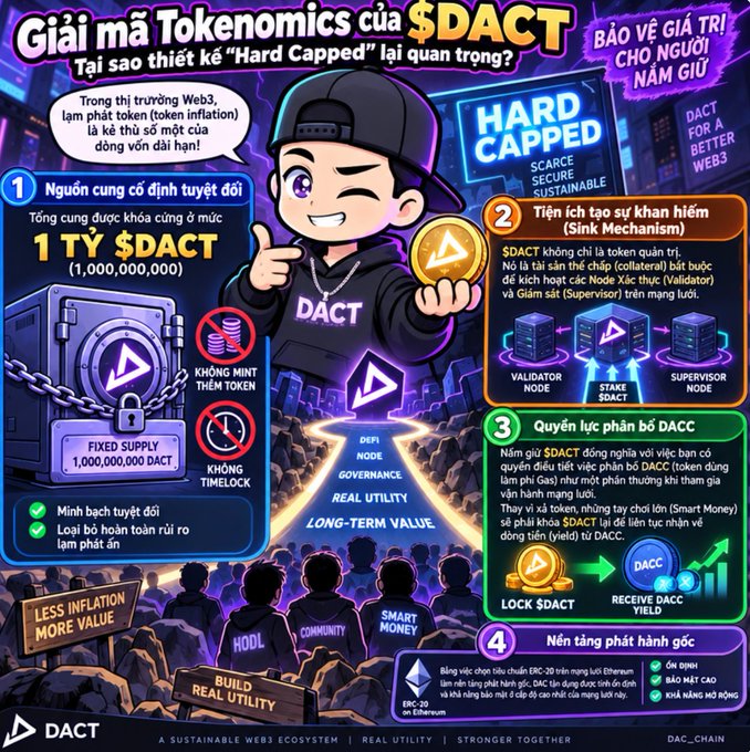 Infographic titled 'Giải mã Tokenomics của $DACT' explaining the cryptocurrency's hard-capped supply of 1 billion tokens, sink mechanism, and DACC reward distribution.