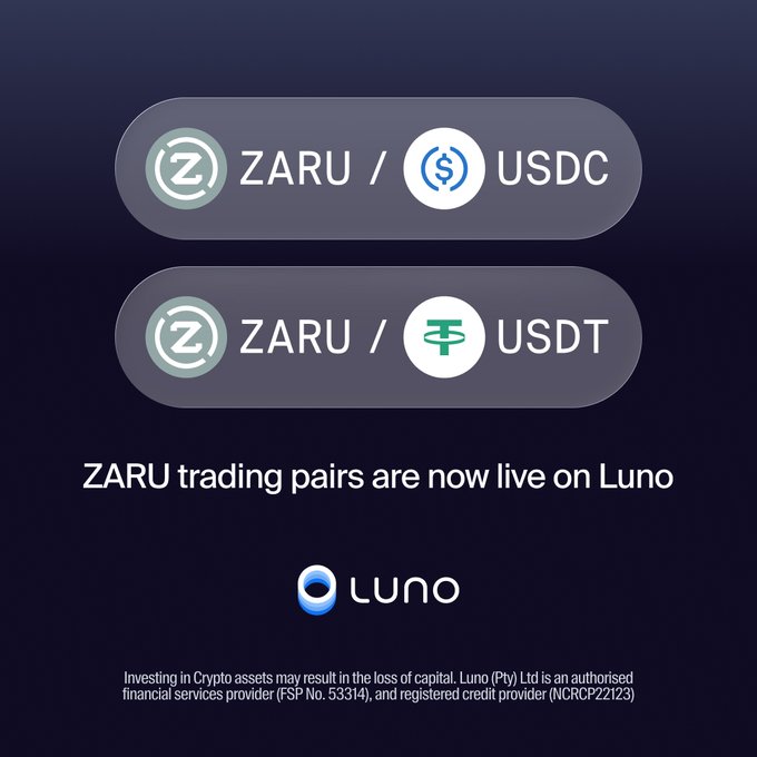 The image announces the launch of ZARU trading pairs on Luno, displaying the newly available ZARU/USDC and ZARU/USDT pairs against a dark background with their respective ticker icons, along with Luno's branding and a regulatory disclaimer noting their FSP and NCRCP registration numbers.