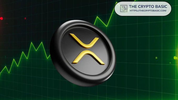 A cryptocurrency promotional graphic from 'The Crypto Basic' featuring an XRP (X) coin/token against a dark green background with an upward trending chart line.